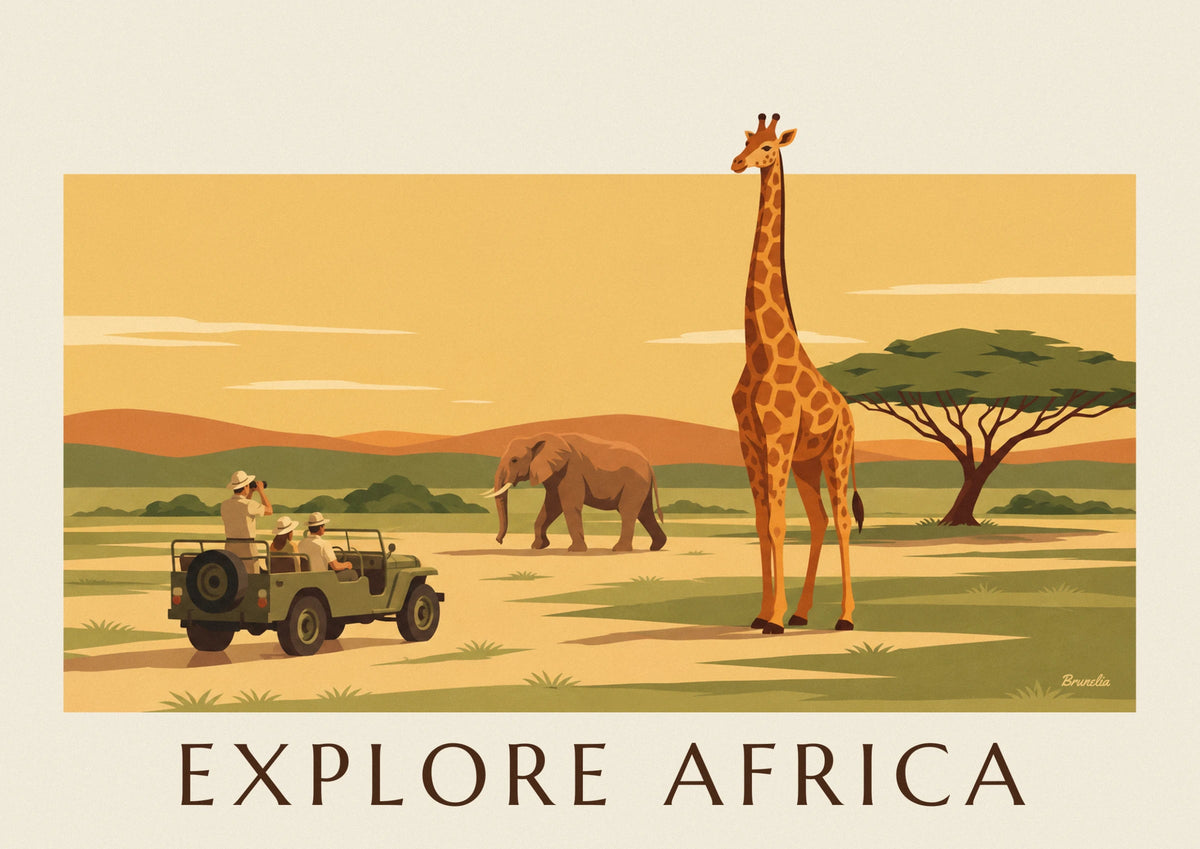 African safari elephant, giraffe and acacia poster