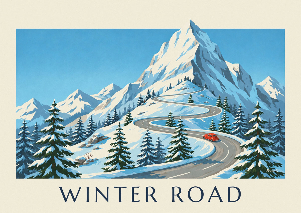 Snowy winding Alpine mountain road poster