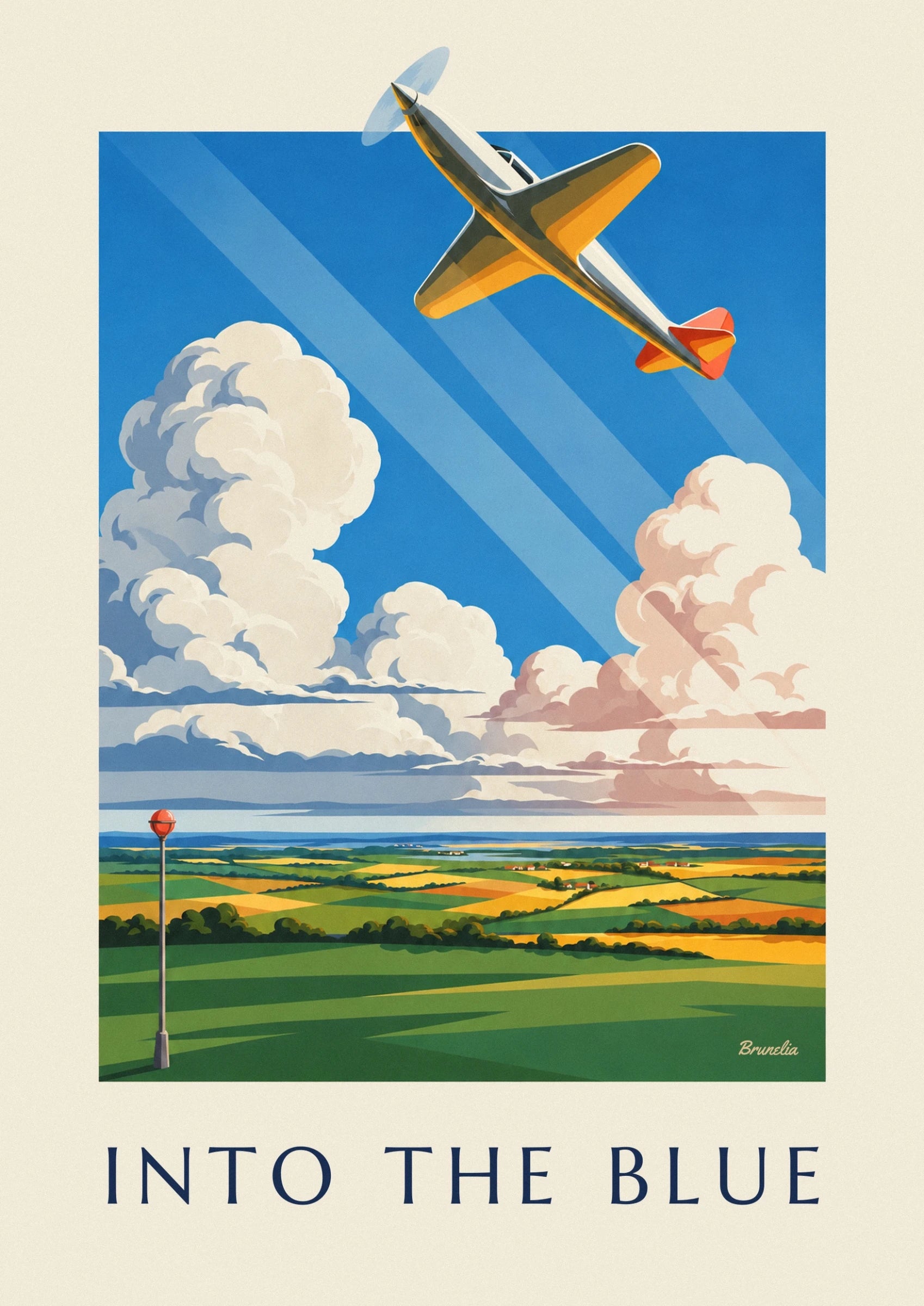 L'avion à hélices jaune et orange, queue rouge, dans le ciel bleu rayé de lumière