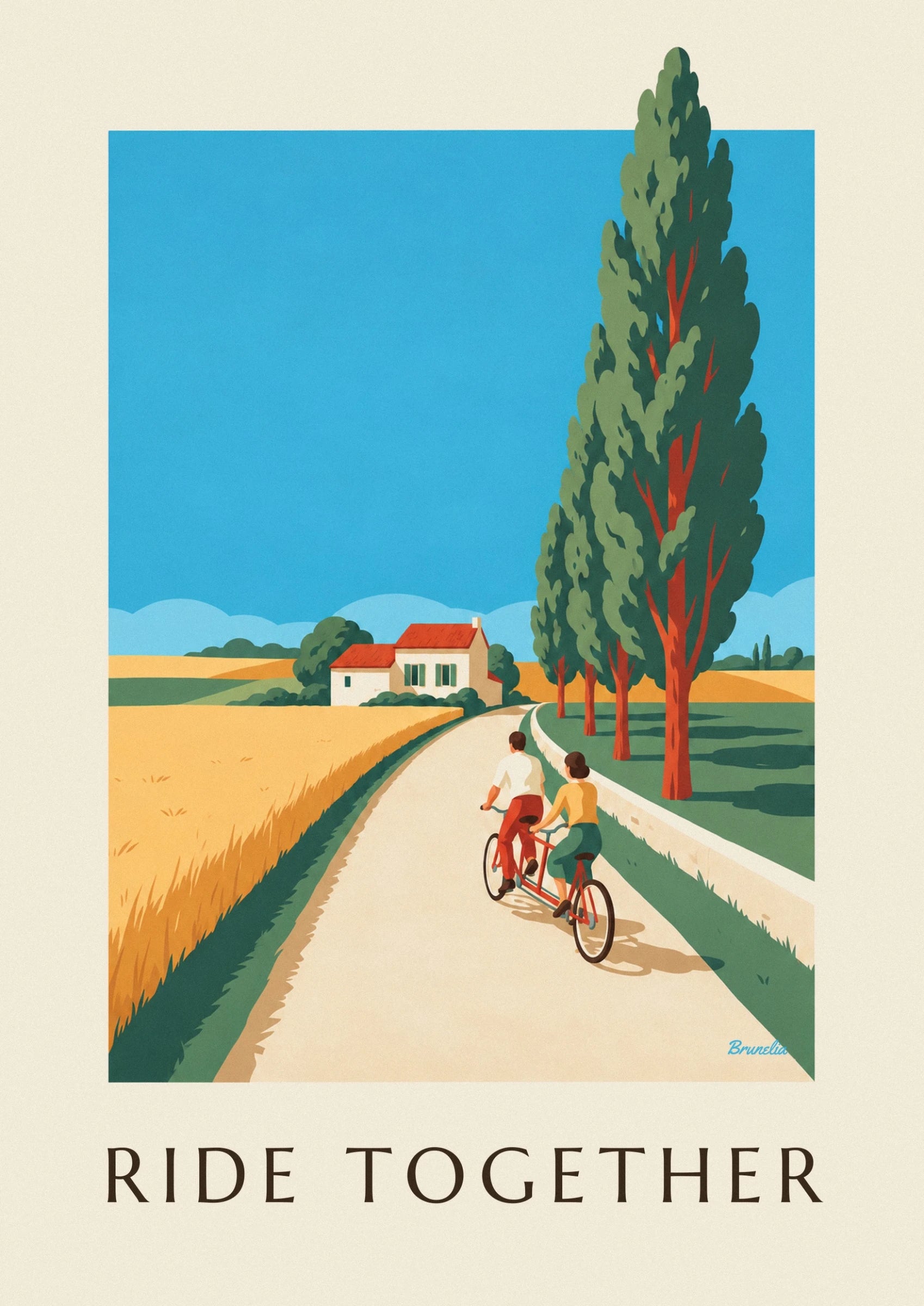 The couple on their red tandem, between the cream road and the green bank