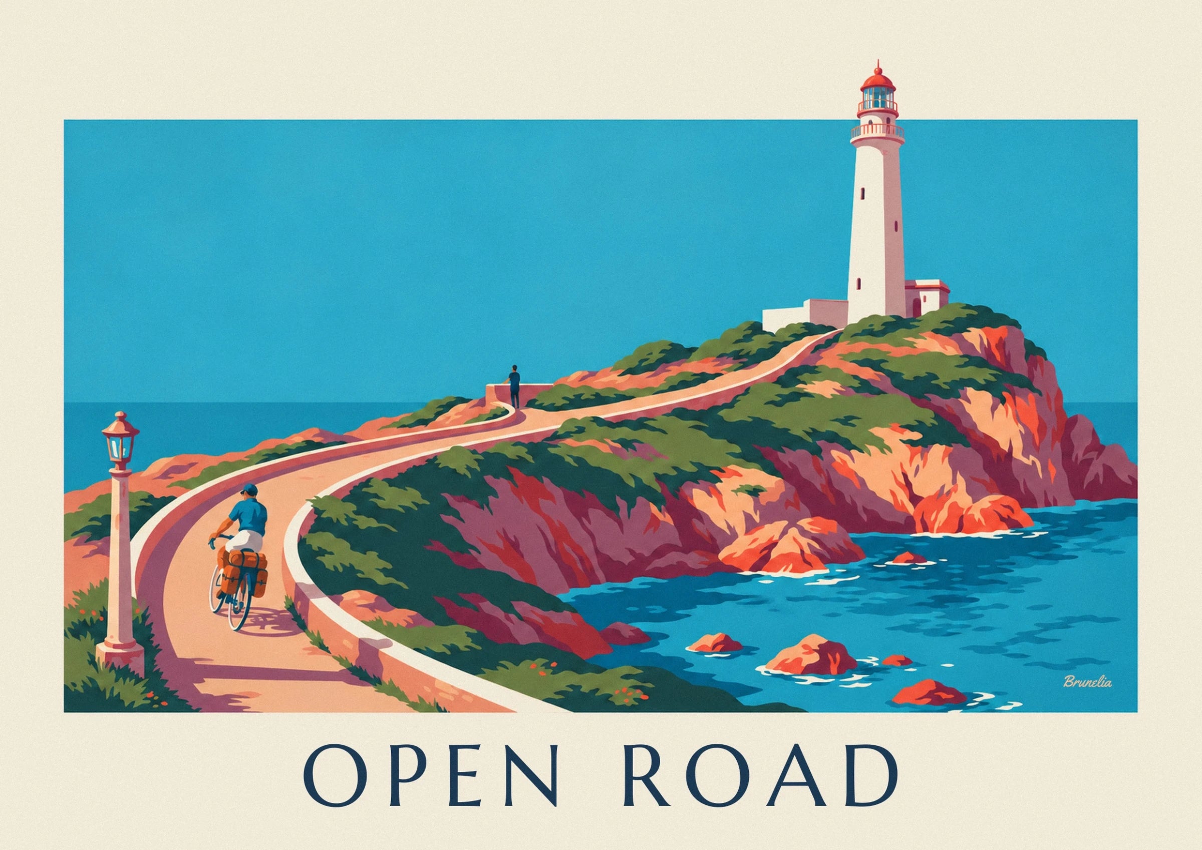 The touring cyclist in blue with orange panniers on the winding coastal road