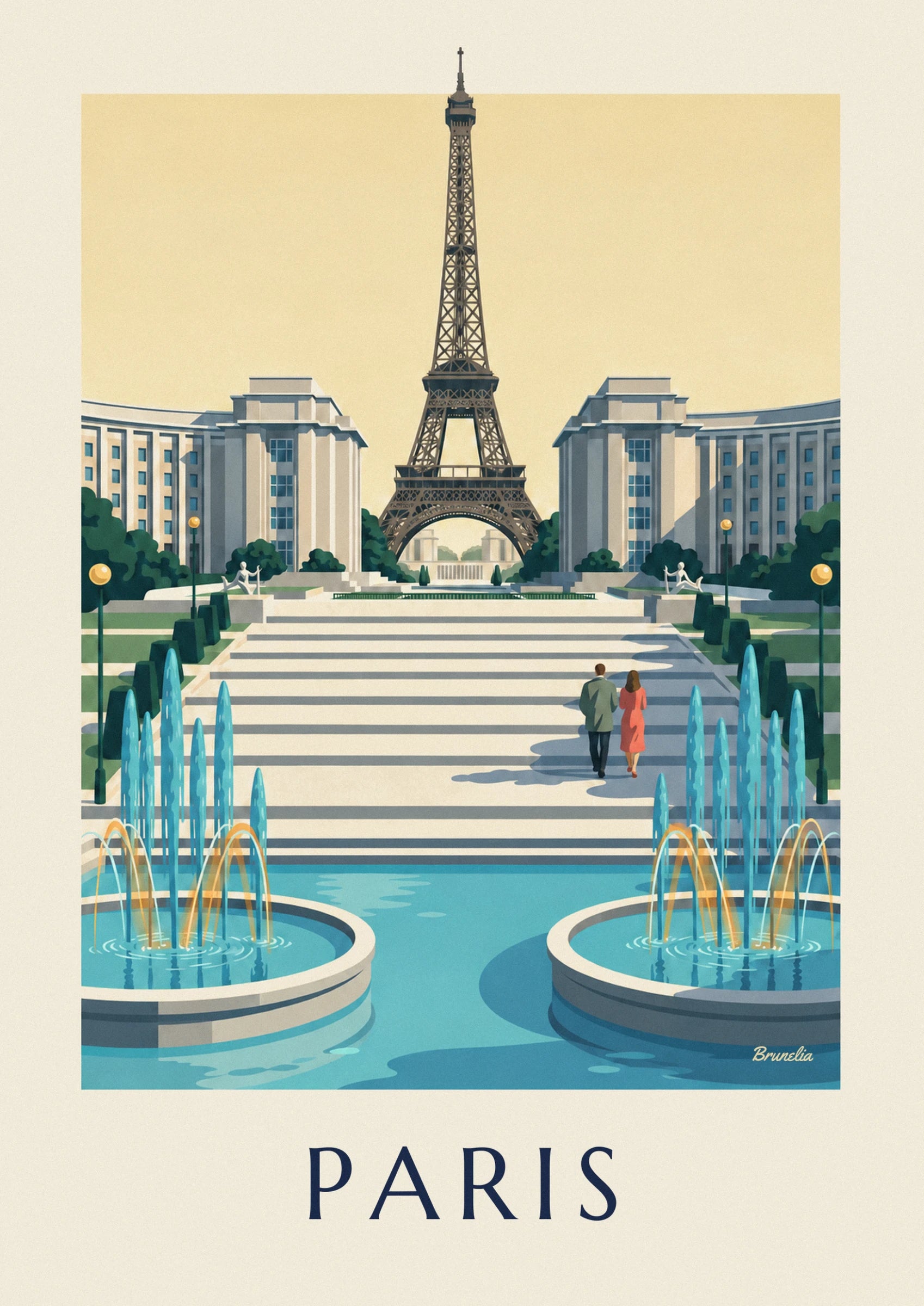 La tour Eiffel entre les 2 ailes du palais de Chaillot, sous un ciel crème