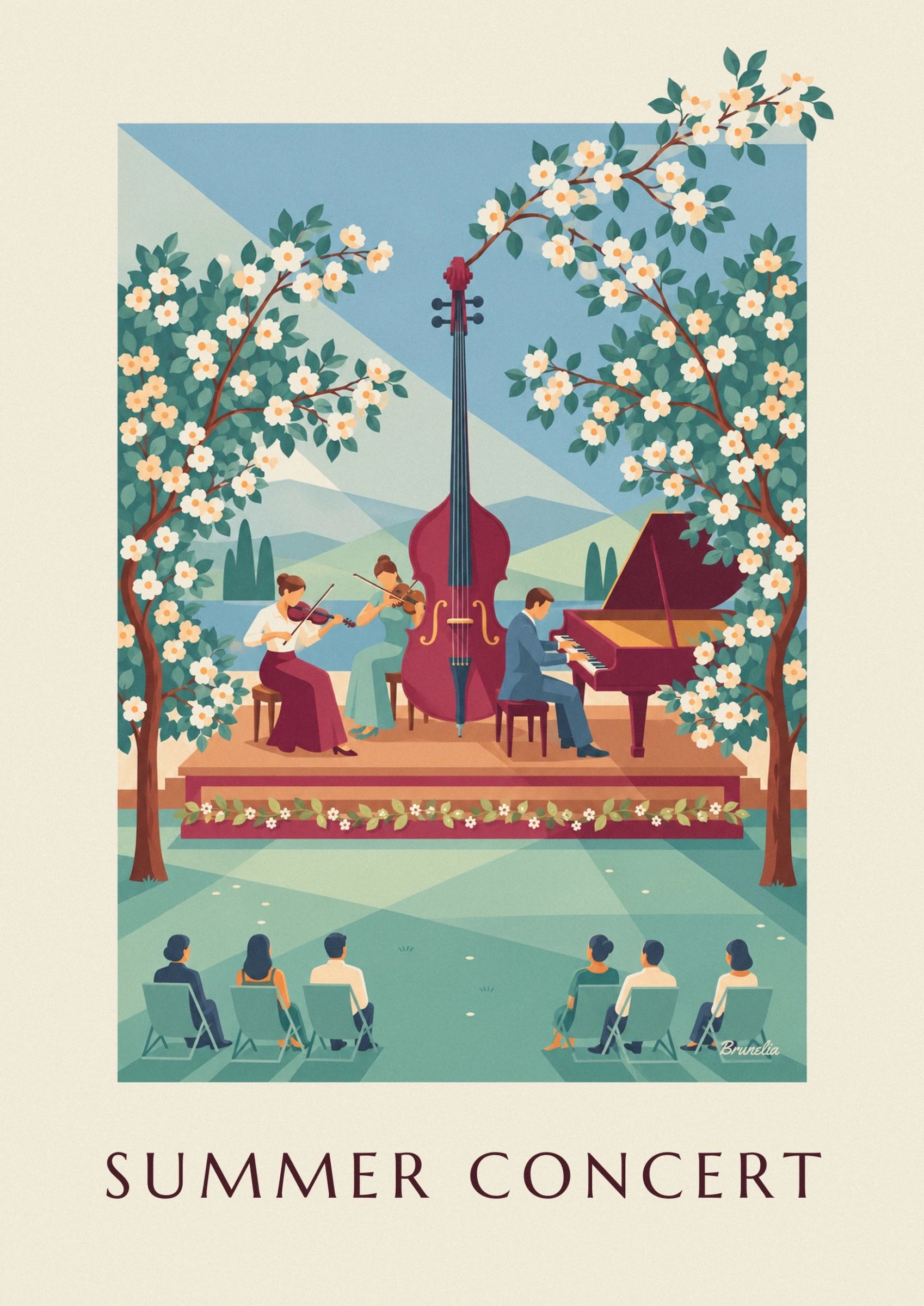 Affiche trio de musique classique en concert d'été en plein air : détail en gros plan