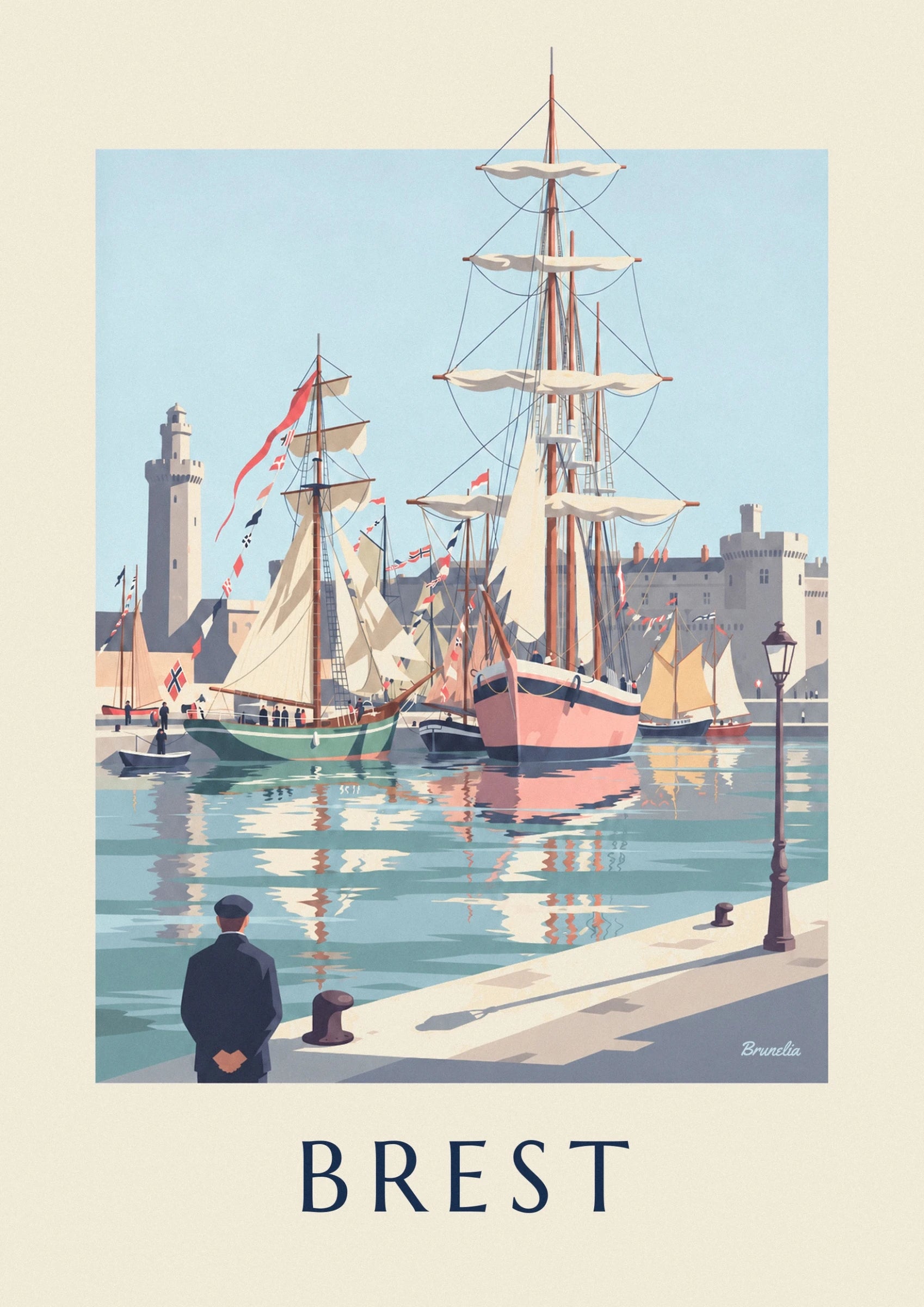 The pink hull of a traditional sailing ship, its cream sails and strings of flags