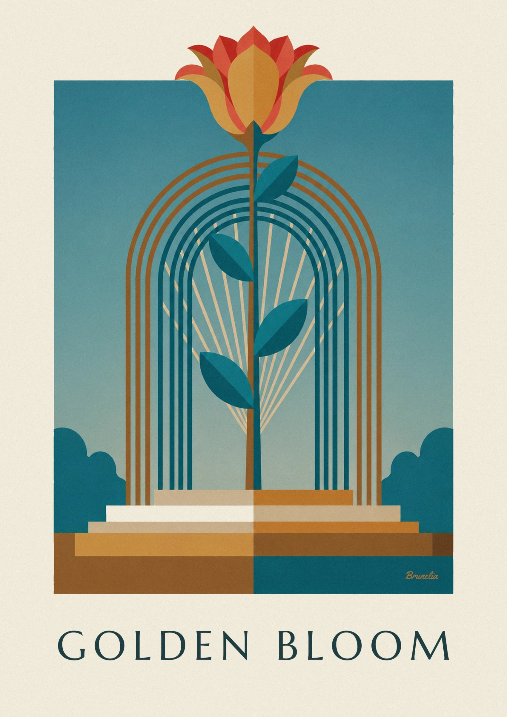 La fleur aux pétales rouges et dorés, posée sur ses arches cuivrées sur fond bleu canard