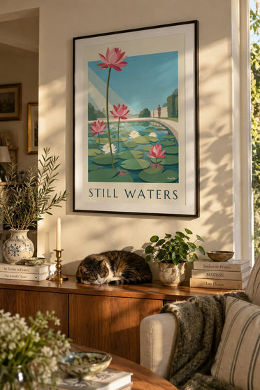 Poster of a water lily pond and pink lotus flowers: framed on the wall