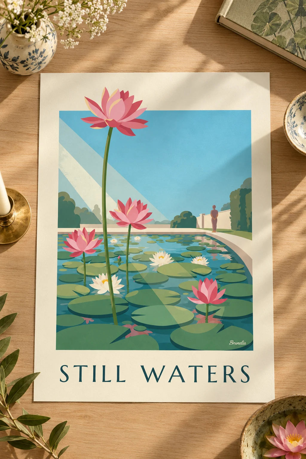 Chambre : mise en situation de Affiche bassin de nénuphars et fleurs de lotus roses