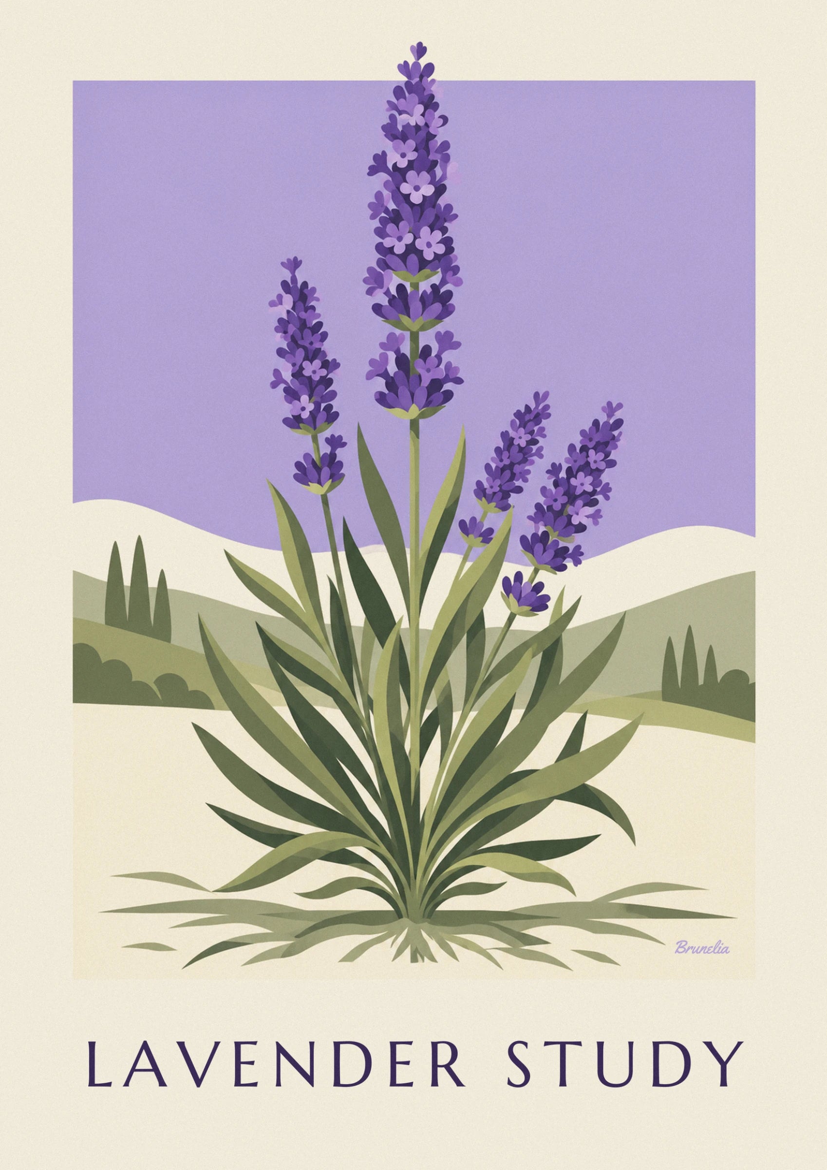 A large purple lavender spike against a mauve sky, with 2 smaller spikes beside it