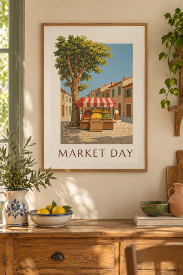 Affiche cagette de citrons sur un étal de marché : encadrée au mur