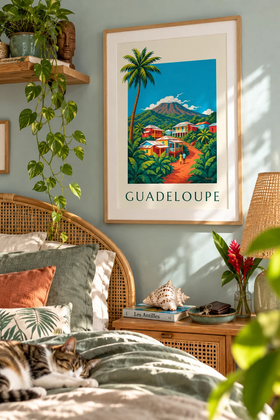 Poster Kreolenhäuser und Vulkan La Soufrière auf Guadeloupe: gerahmt an der Wand