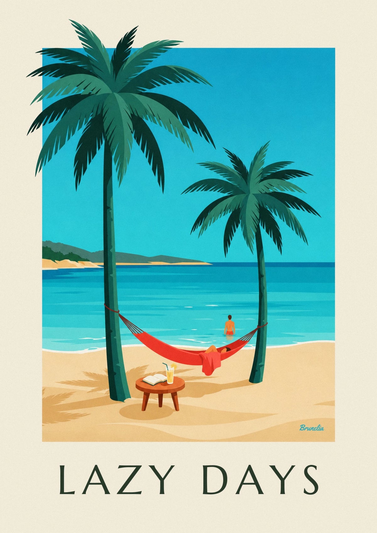 Affiche hamac, livre et verre en bord de mer
