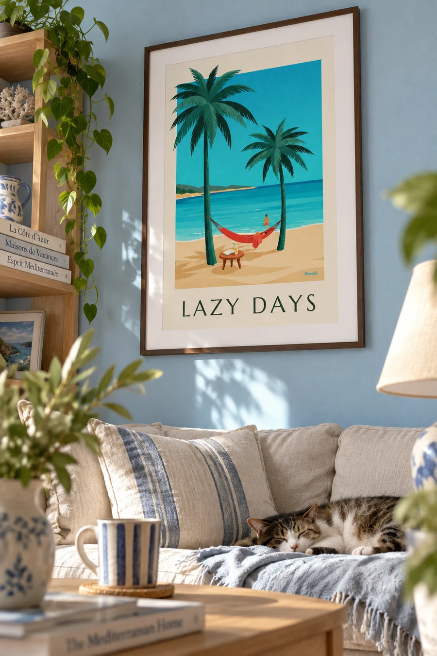 Poster of a hammock, book and drink by the sea: framed on the wall