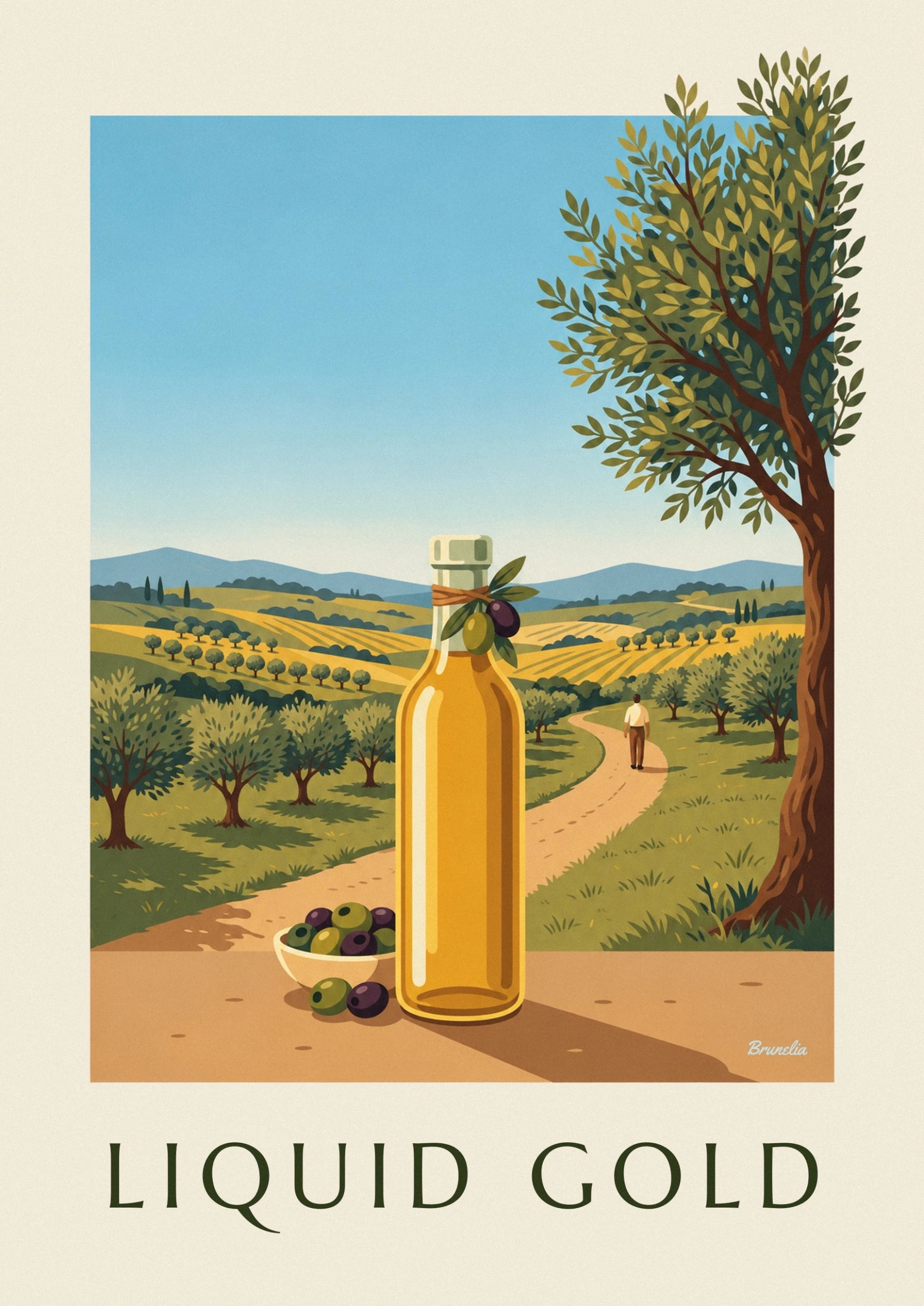 A bottle of golden oil and a bowl of olives in front of fields and olive trees