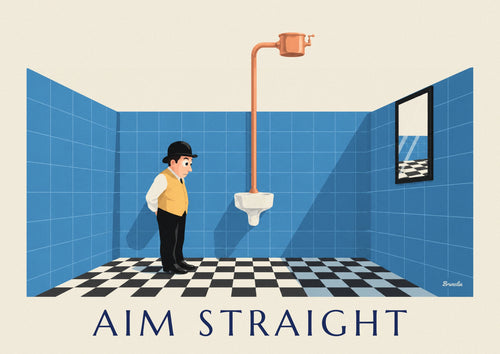 Powder room humor poster, a gentleman in a bowler hat facing the urinal: the full poster
