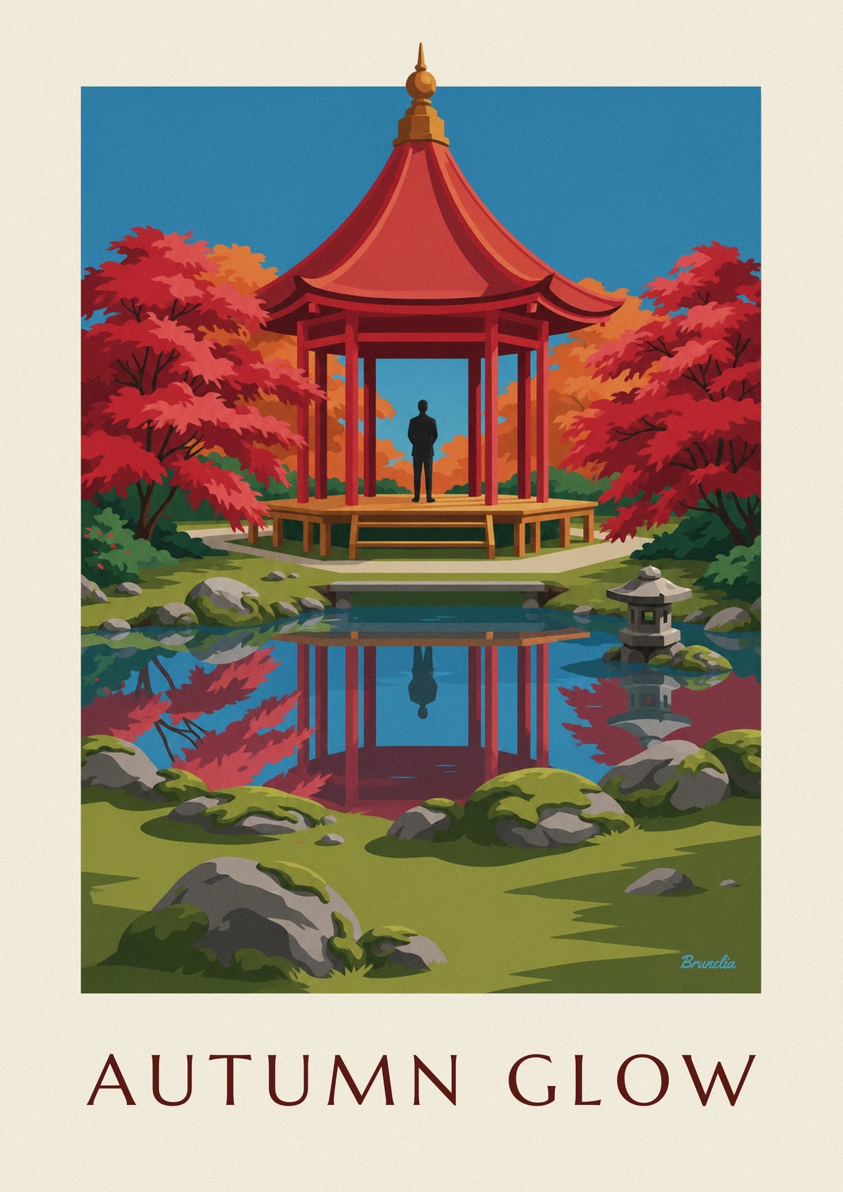 Affiche pavillon rouge et érables d'automne dans un jardin japonais