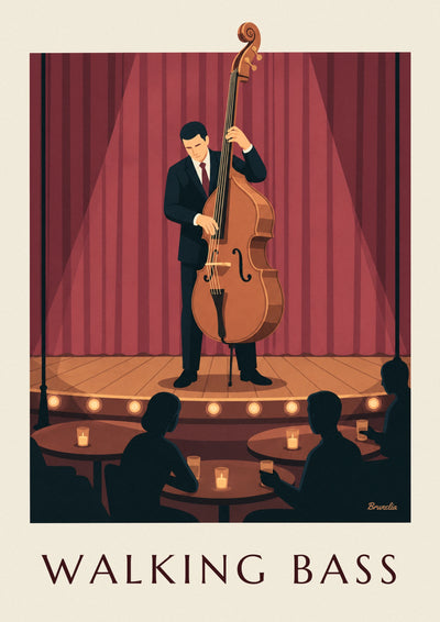 Poster Jazz-Kontrabassist auf der Bühne vor rotem Vorhang: das ganze Poster