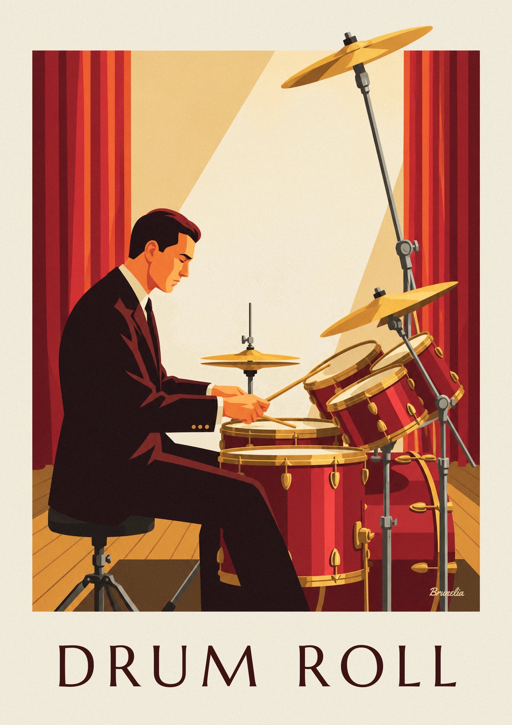 Le batteur de profil en costume sombre, les mains devant sa batterie