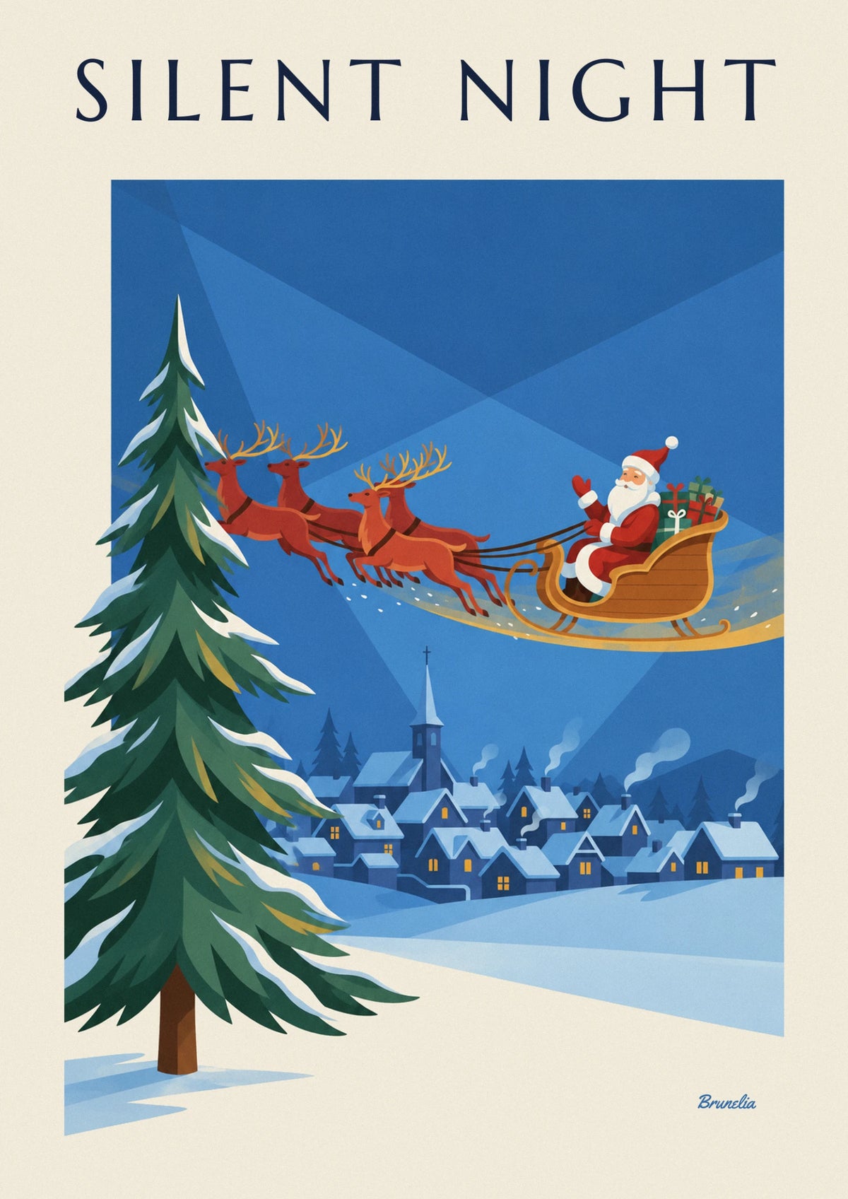 Santa Claus sleigh over a snowy village poster