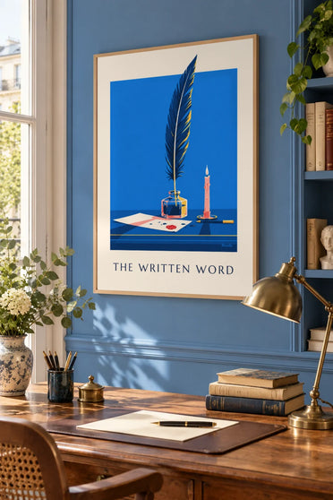 Poster Federkiel und Tintenfass auf einem Schreibtisch: gerahmt an der Wand