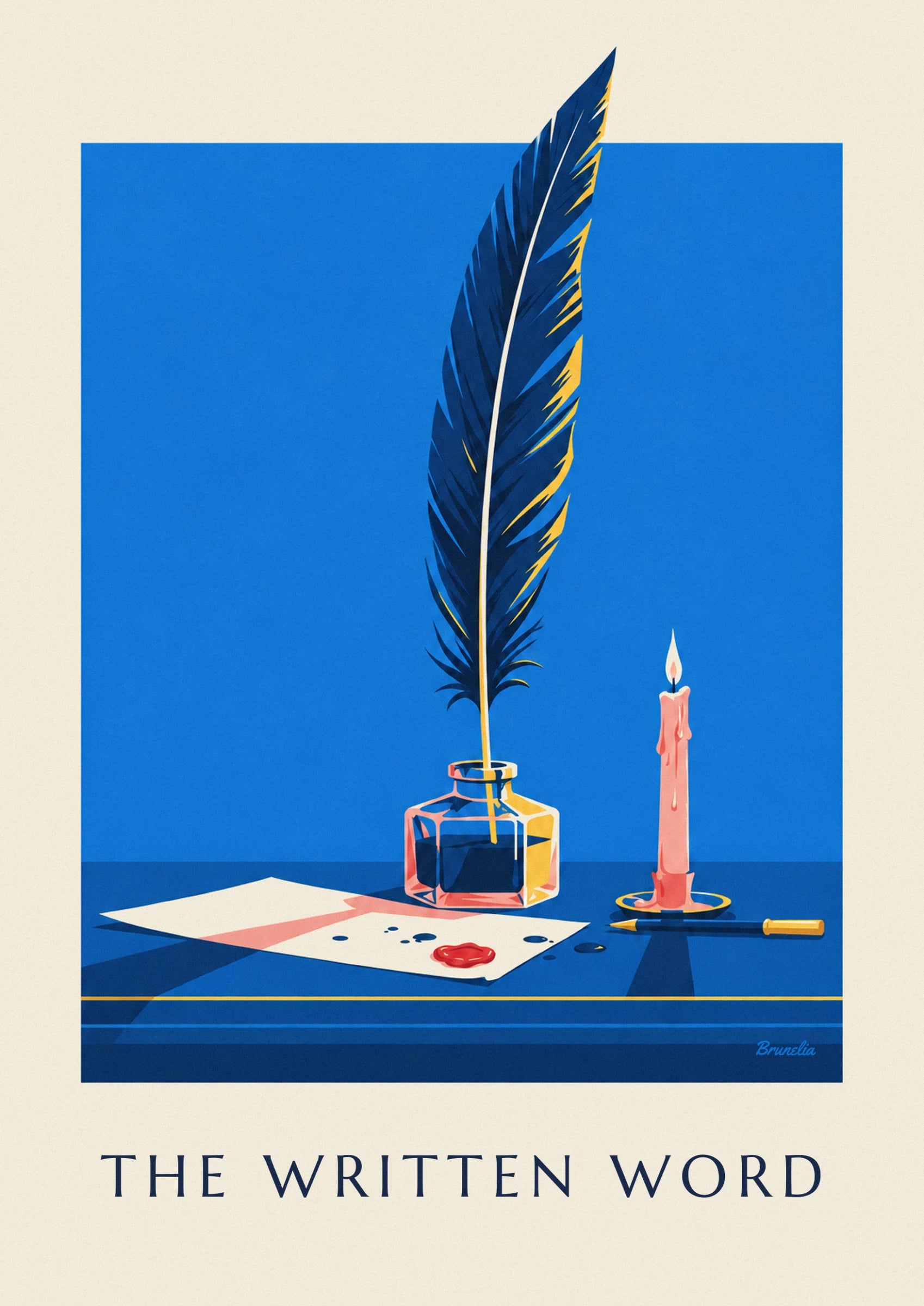 The midnight-blue feather with yellow highlights, against its bright blue background