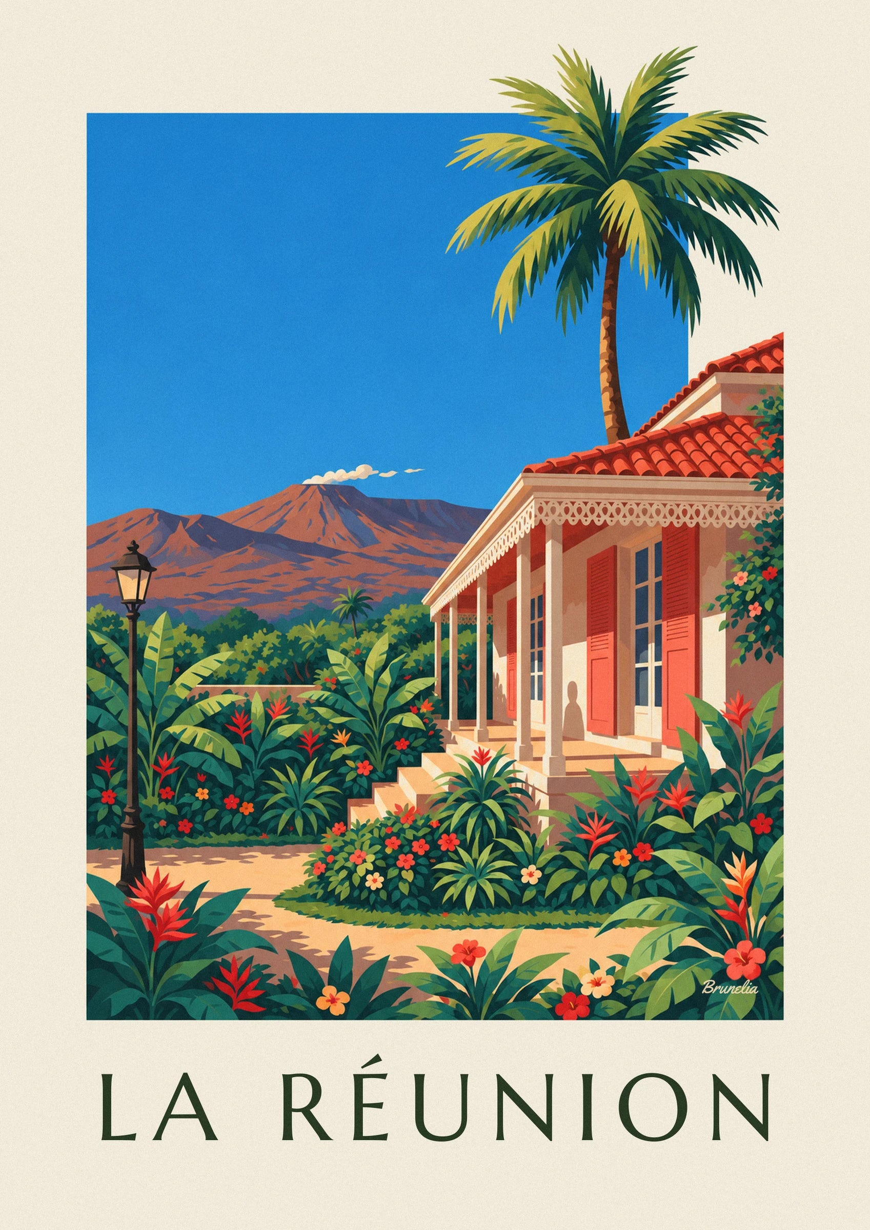 Poster Kreolisches Haus und Piton de la Fournaise auf La Réunion: Detail in Nahaufnahme