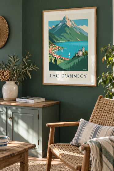 Lake Annecy poster in the Alps, sailboats and the Tournette: framed on the wall