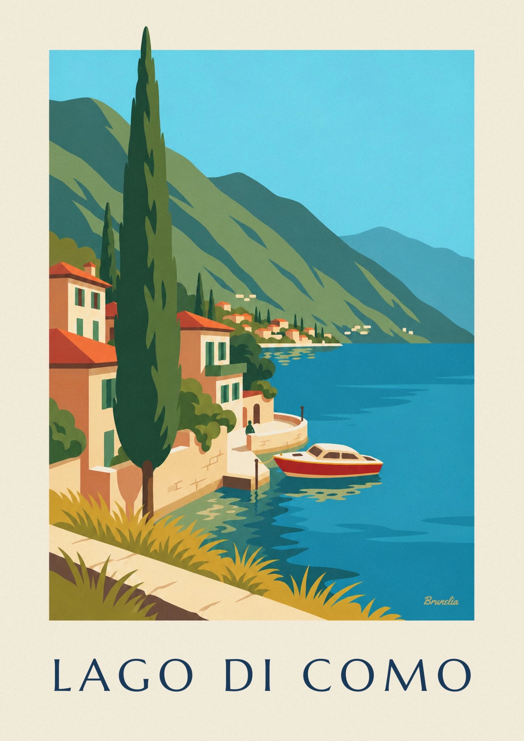 The red boat with a cream cabin and its reflections on the lake’s turquoise water