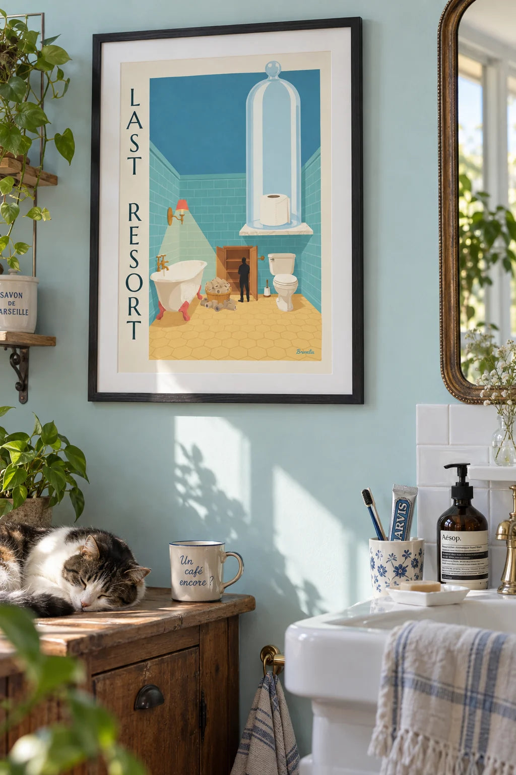 Mise en situation de Affiche humoristique dernier rouleau de papier toilette sous cloche