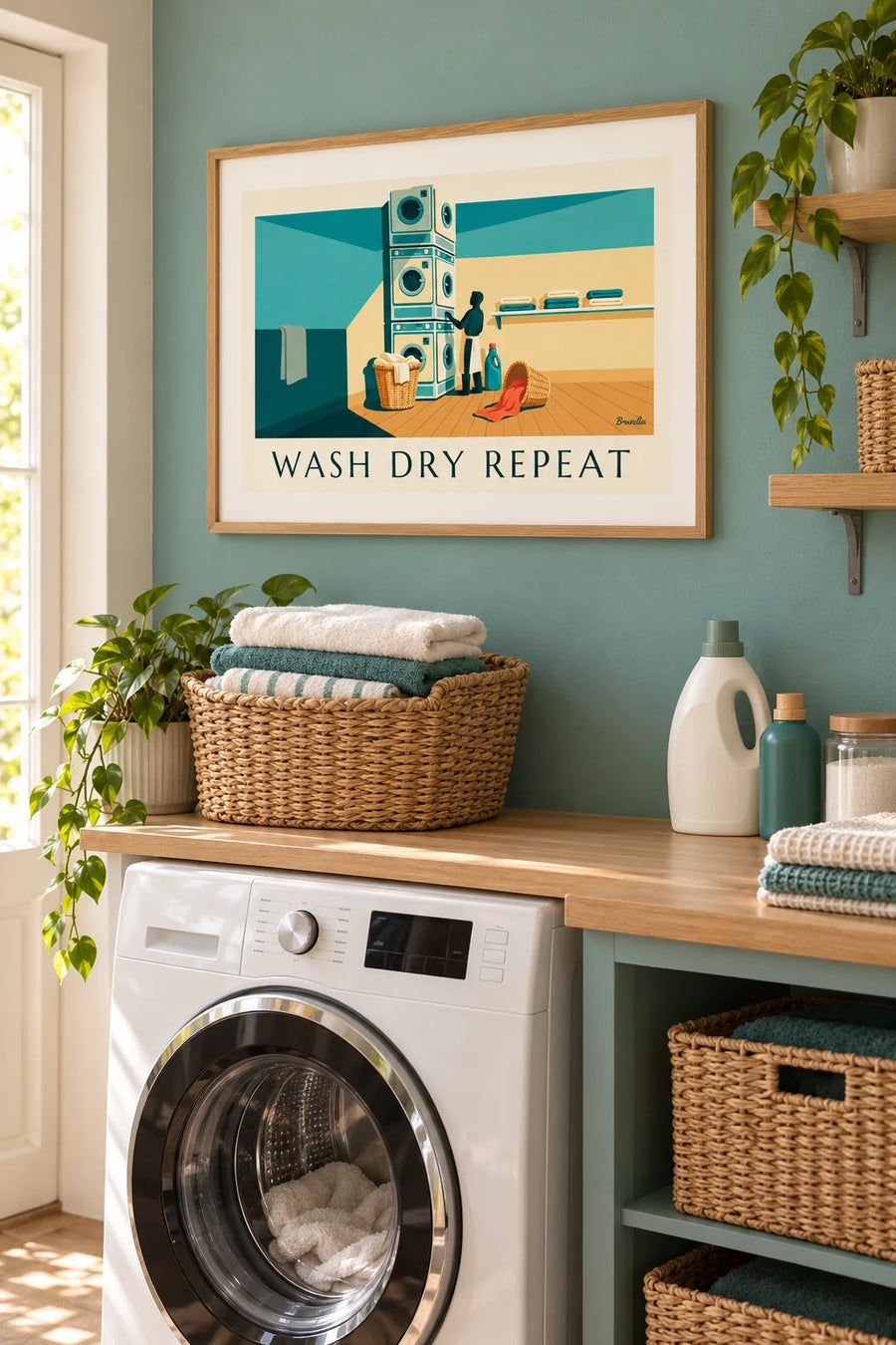 Poster Laundry Room mit Wäschekörben und Waschmaschinen: gerahmt an der Wand