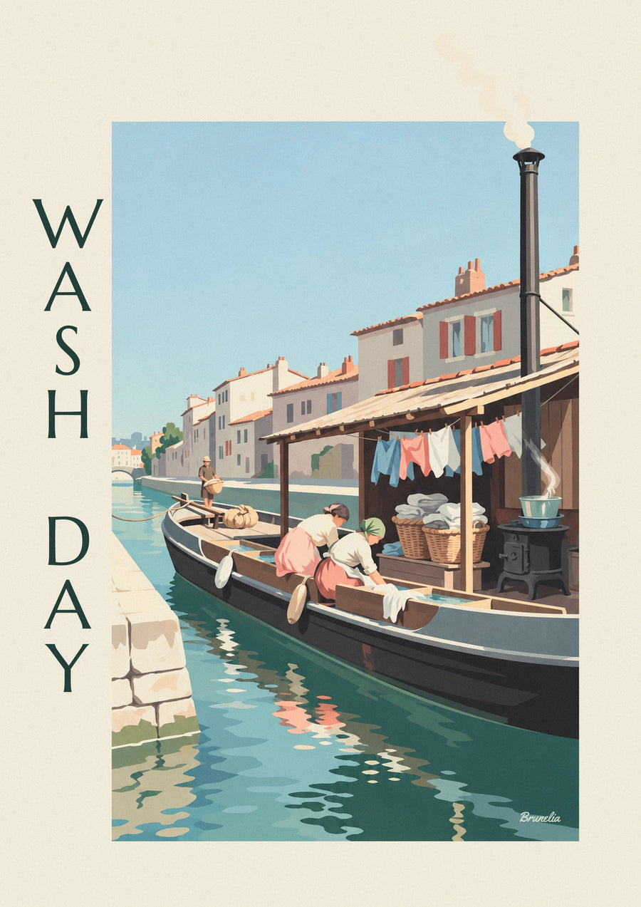 Wash boat moored at the quay with shirts under the awning poster