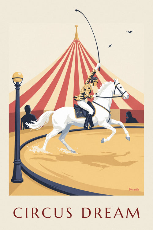 Affiche écuyère sur un cheval blanc au galop sous le chapiteau : l'affiche entière