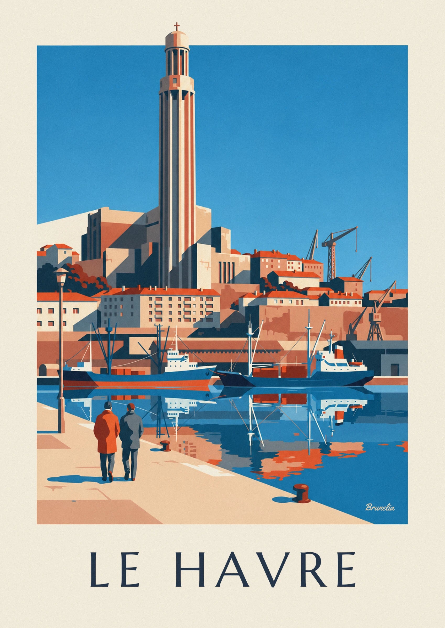 The bell tower of église Saint-Joseph, its shaft striped pink and beige, against a blue sky