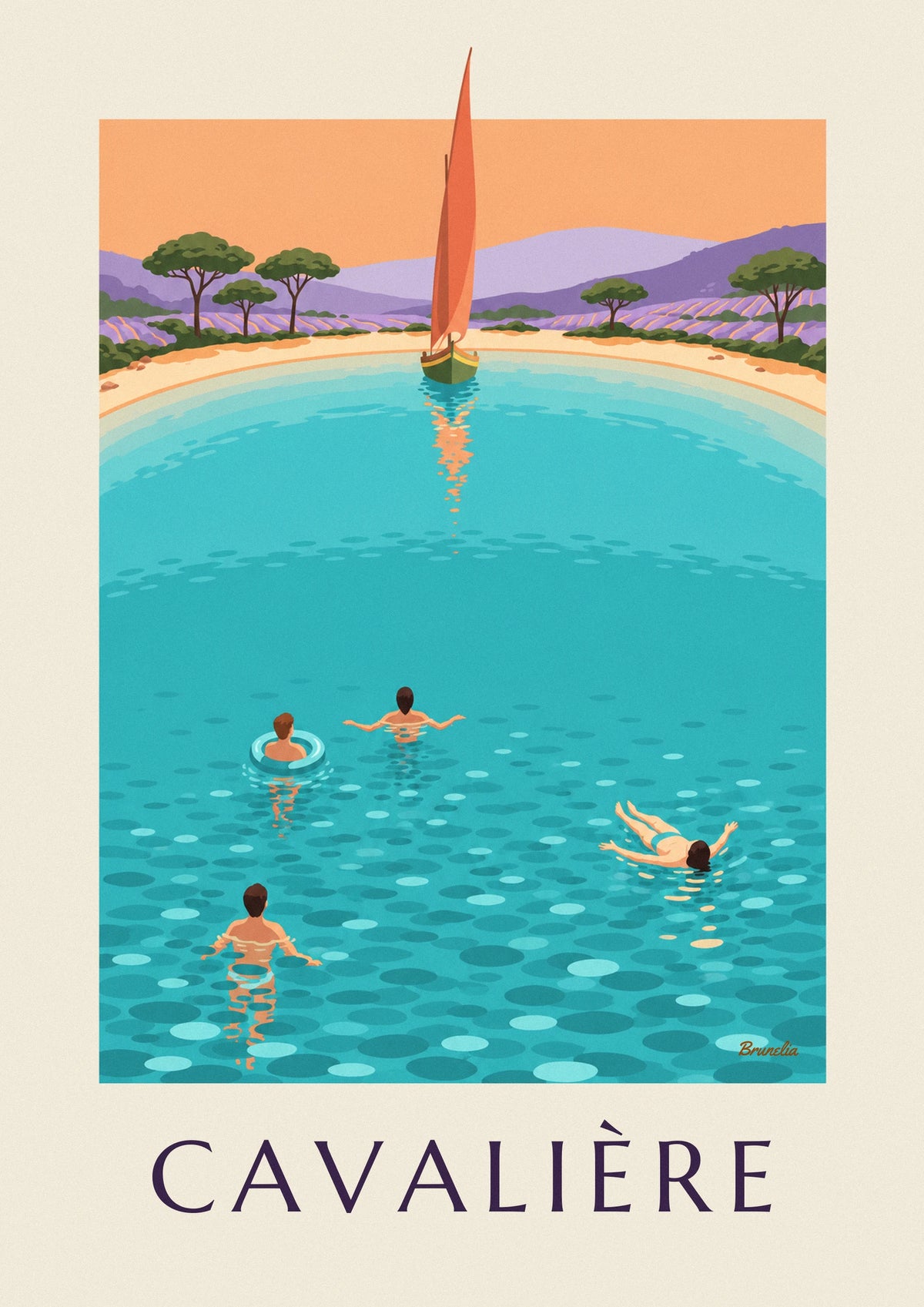 Affiche plage et pins de Cavalière au Lavandou au coucher du soleil