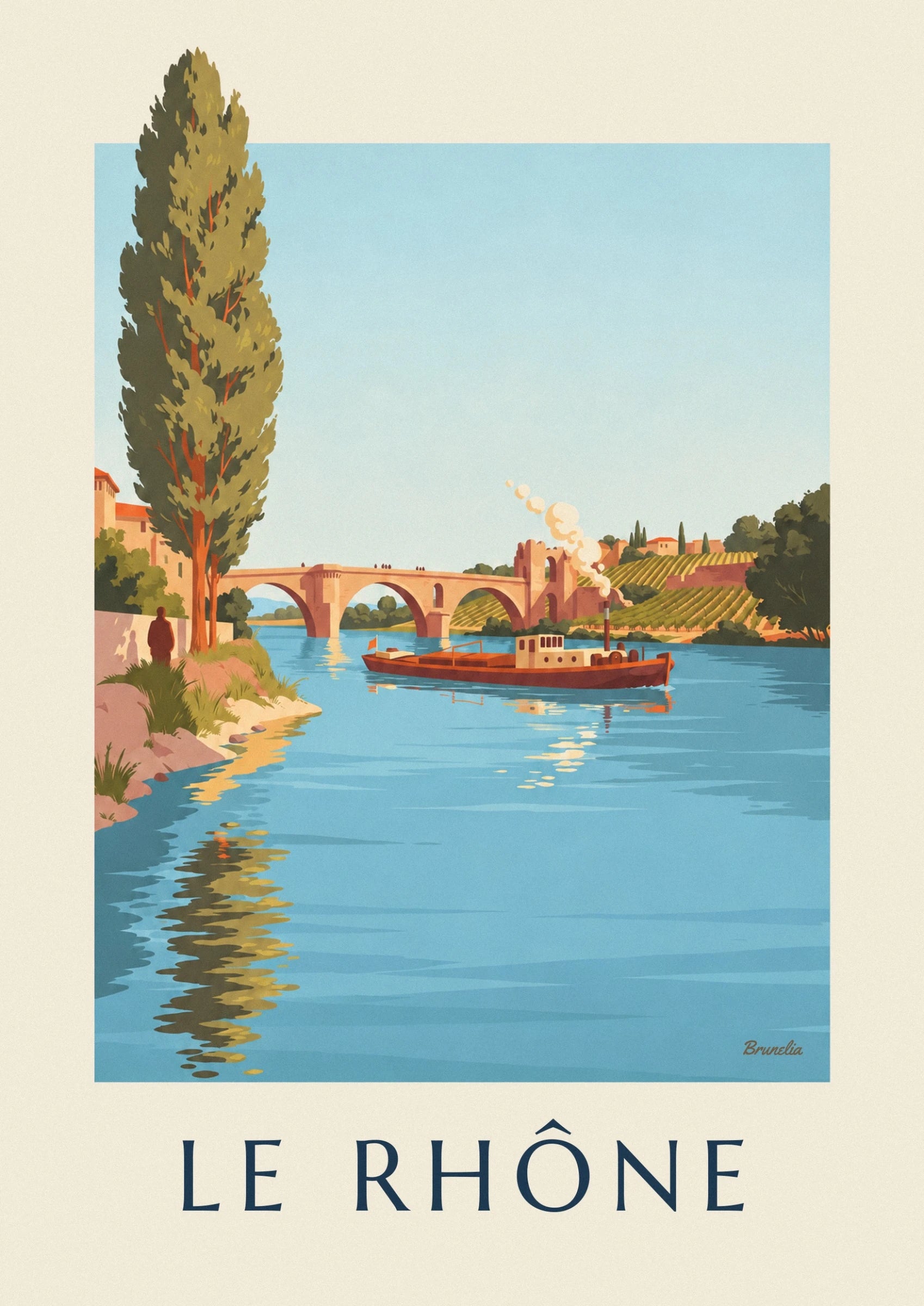 The red barge and its smoking chimney on the Rhône, in front of the pont d’Avignon