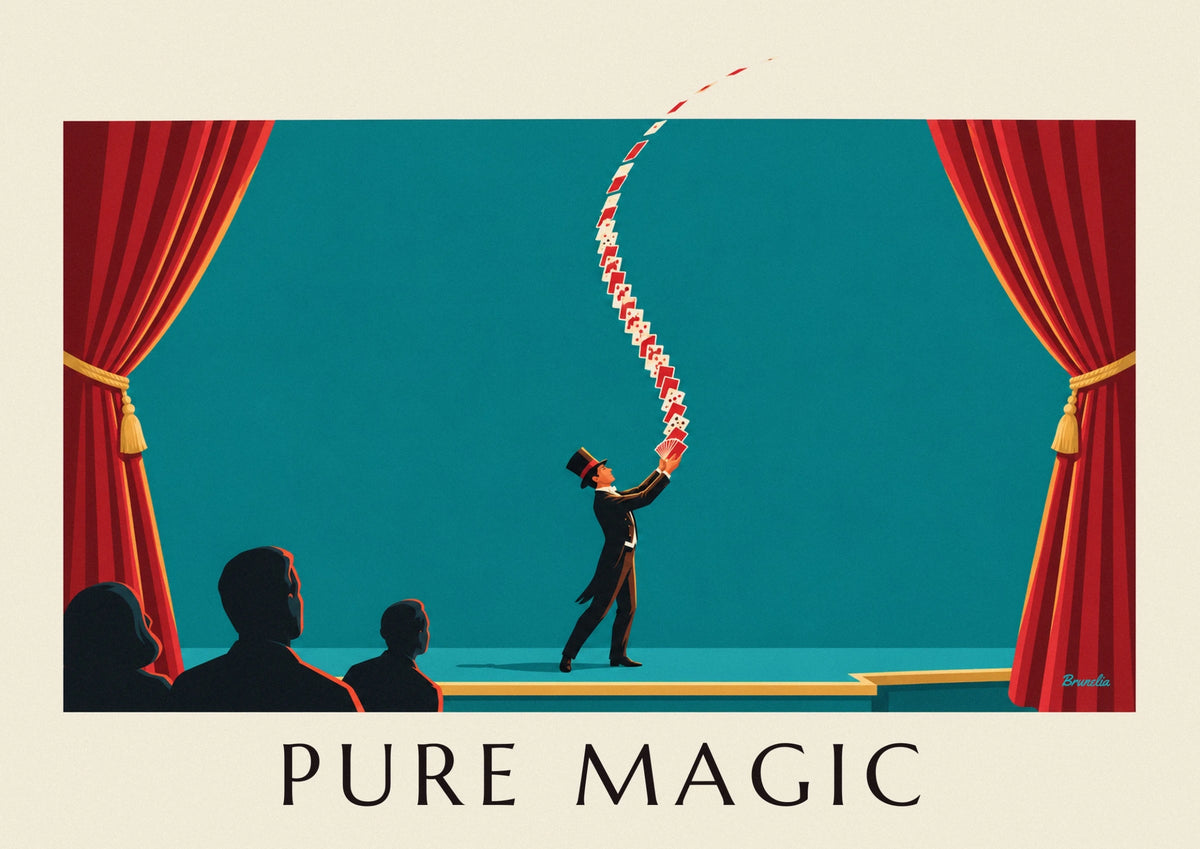 Magician in top hat and card trick on stage poster