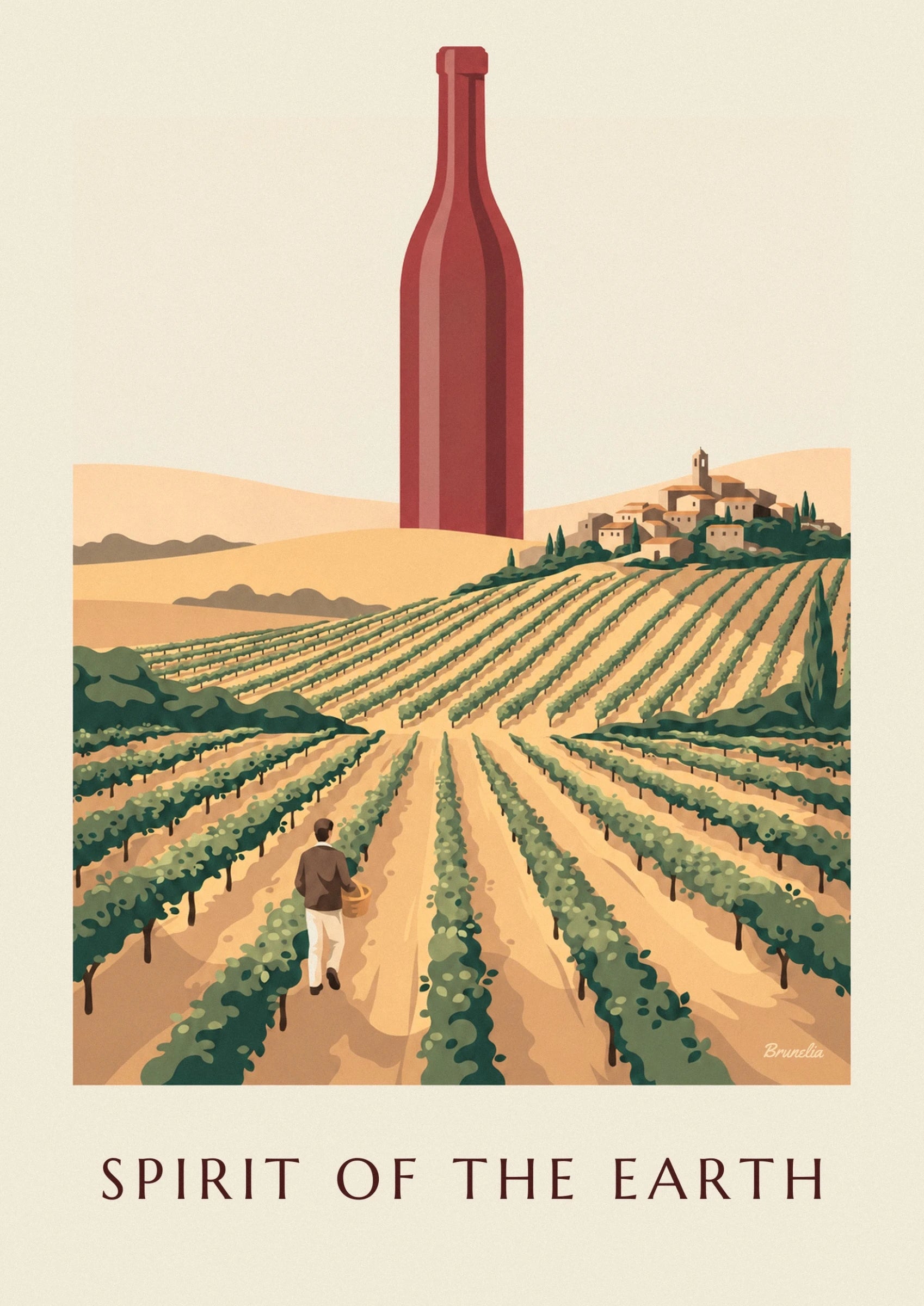Une immense bouteille rouge dominant les collines dorées et les maisons du village