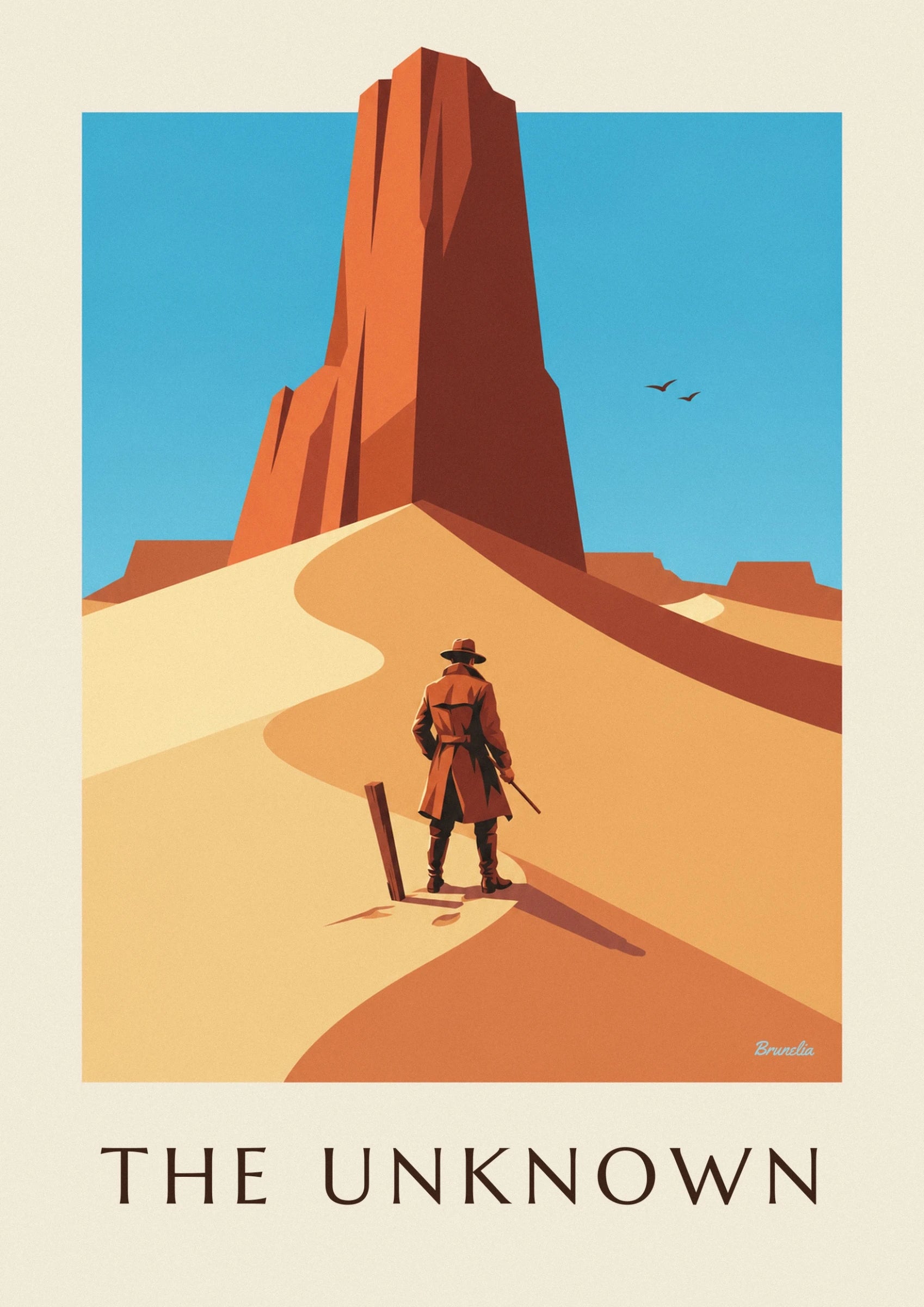 L'aventurier de dos, chapeau et long manteau brun, sur la crête de sable près d'un piquet