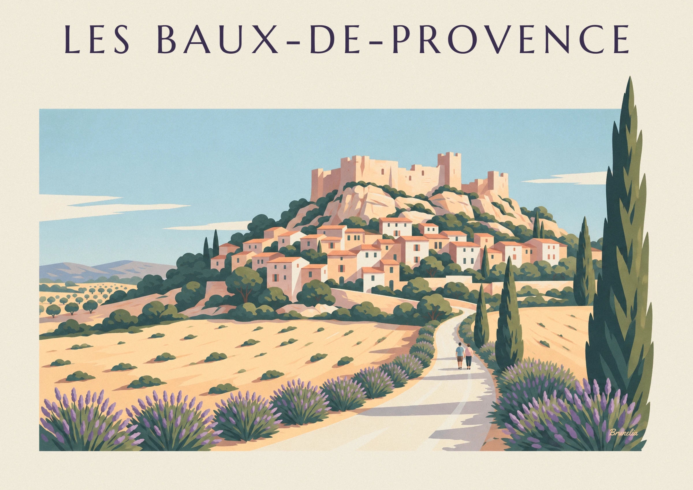 Le château en ruine sur son rocher et les maisons aux toits orange du village
