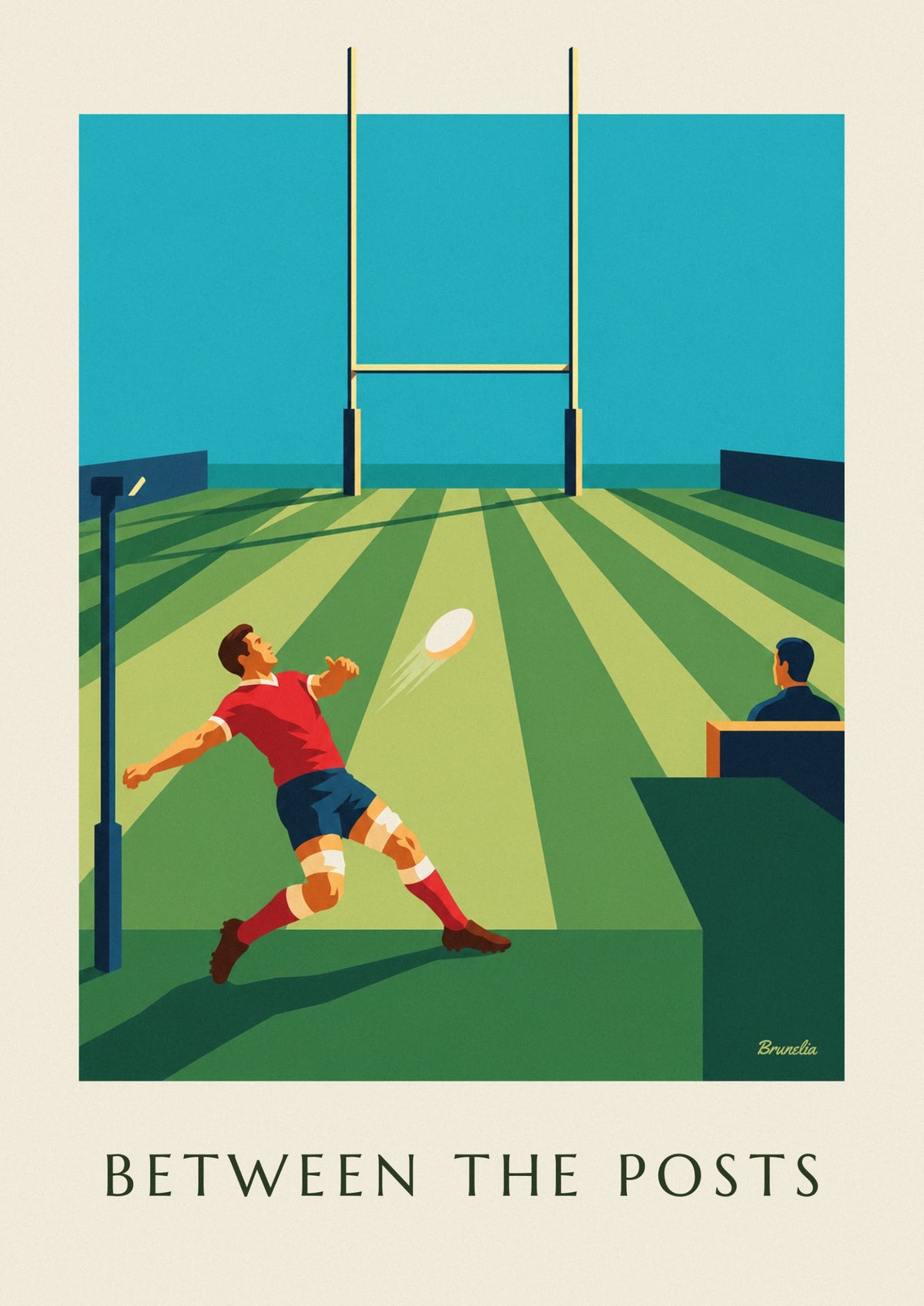 Affiche buteur de rugby et ballon vers les poteaux du stade