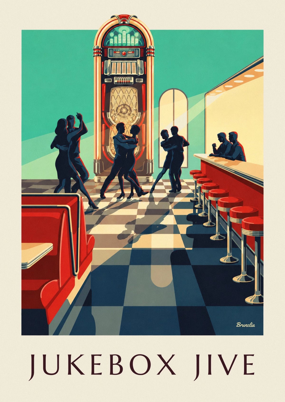 Jukebox and rock dancer silhouettes poster