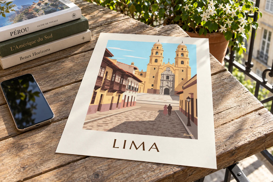 Affiche rue coloniale de Lima et basilique San Francisco : posée sur une table