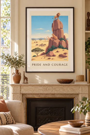 Poster Löwe und Löwin auf einem Kopje in der Savanne: gerahmt an der Wand