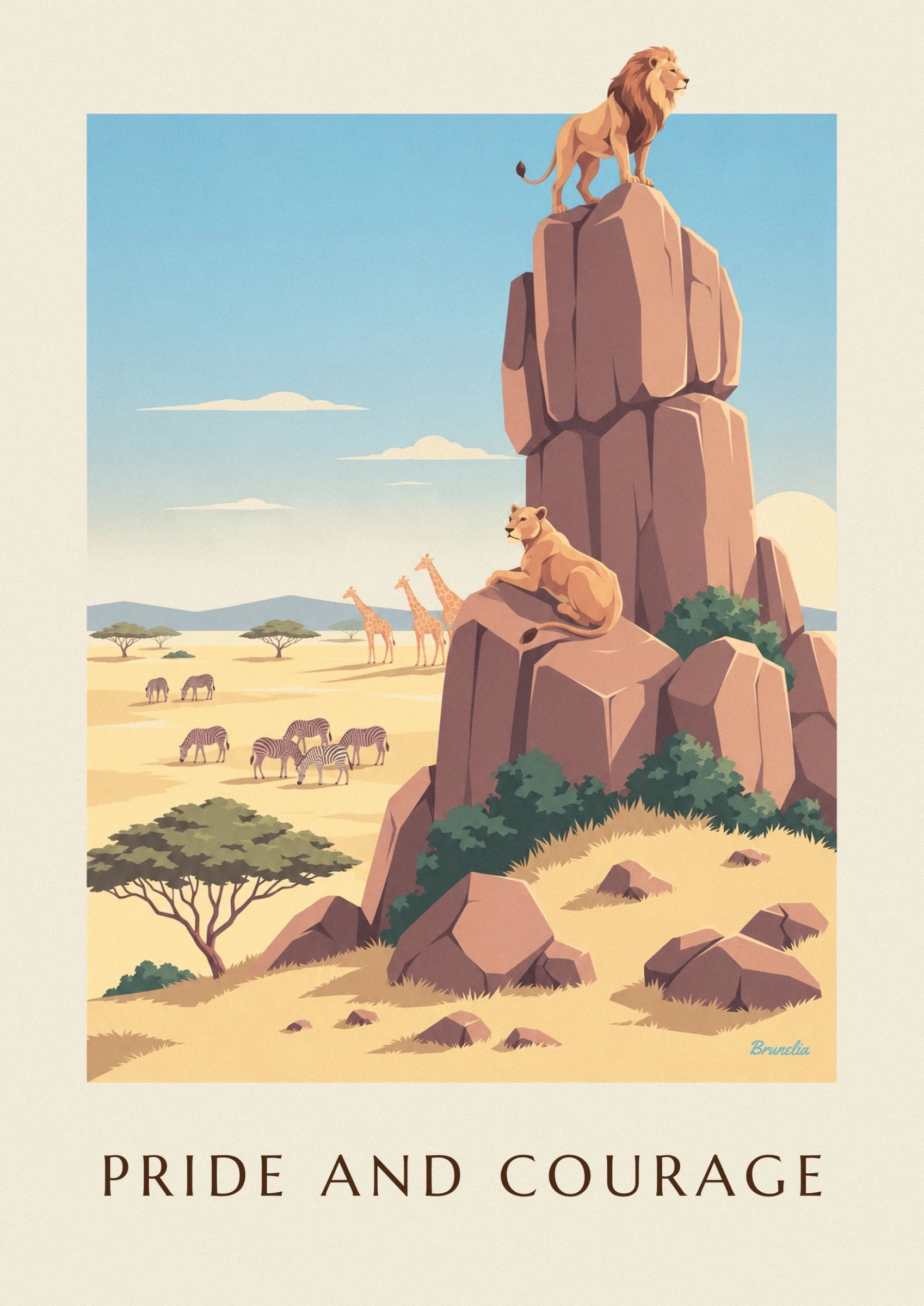 Le lion à la crinière brune, debout au sommet d'un haut rocher ocre