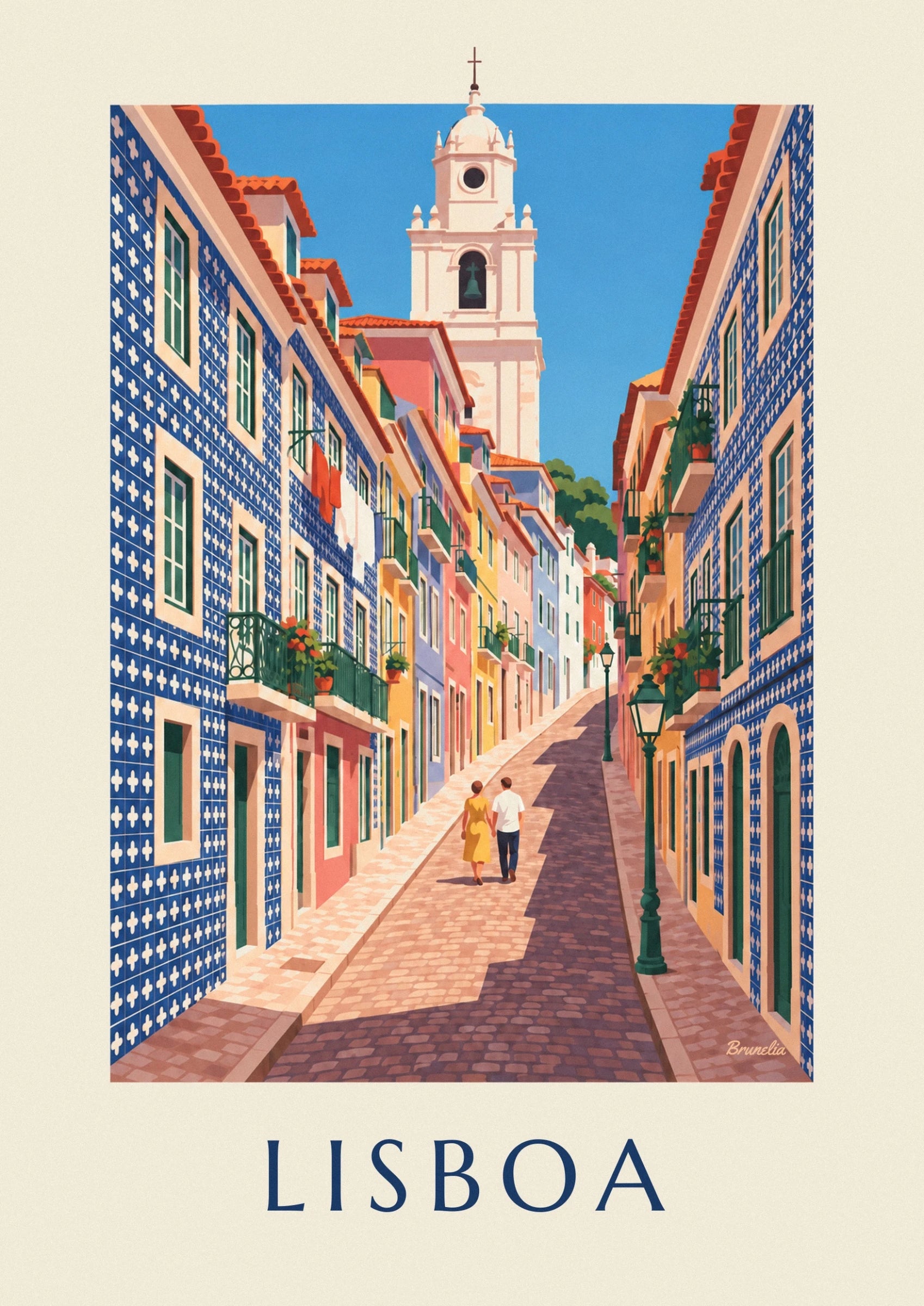 The cream bell tower and its dark bell above the red-tiled rooftops