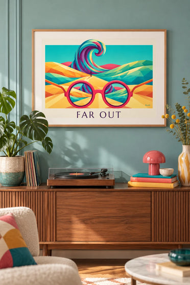 Poster psychedelische Sonnenbrille und kosmische Landschaft: gerahmt an der Wand