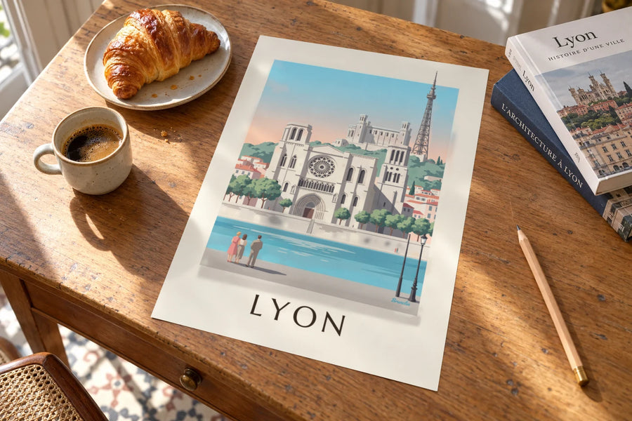 Poster Kathedrale Saint-Jean und Saône-Ufer in Lyon: auf einem Tisch aufgestellt