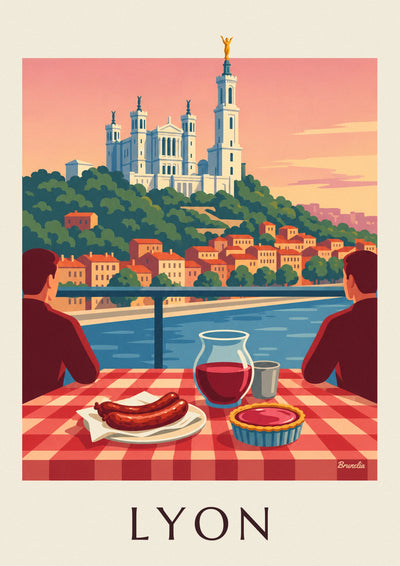 Affiche bouchon lyonnais face à la Saône et à Fourvière : l'affiche entière
