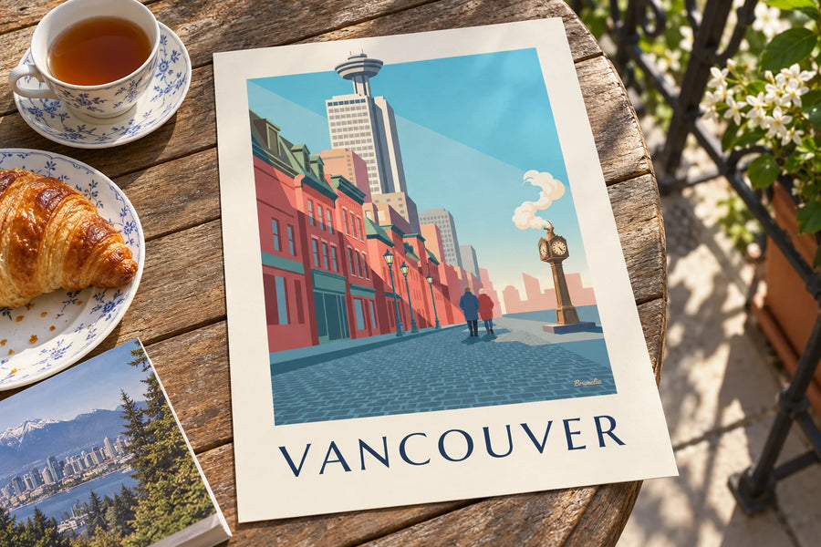 Poster Dampfuhr in Gastown in Vancouver: auf einem Tisch aufgestellt