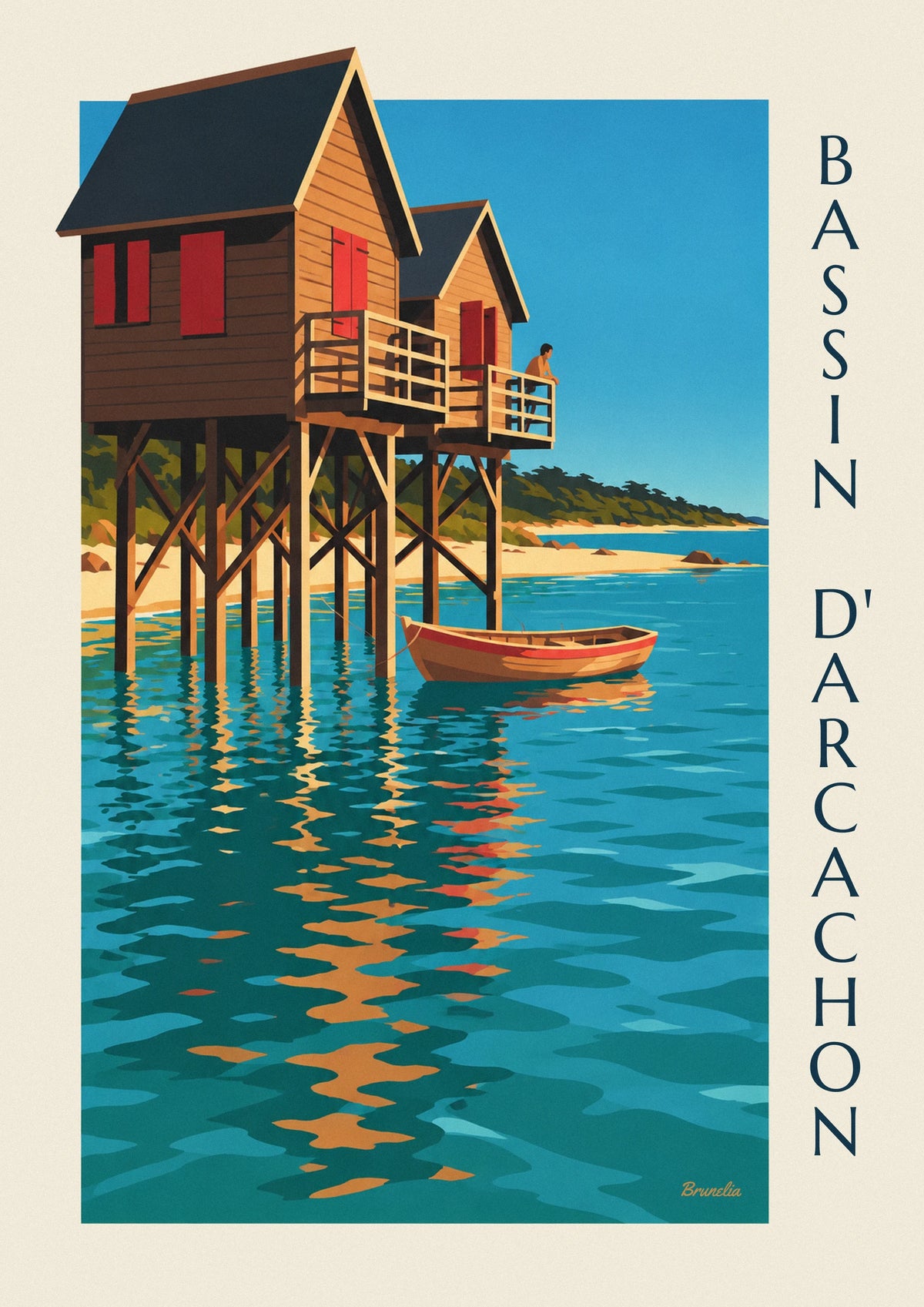 Poster Stelzenhäuser (Cabanes tchanquées) am Bassin d'Arcachon in der Abenddämmerung