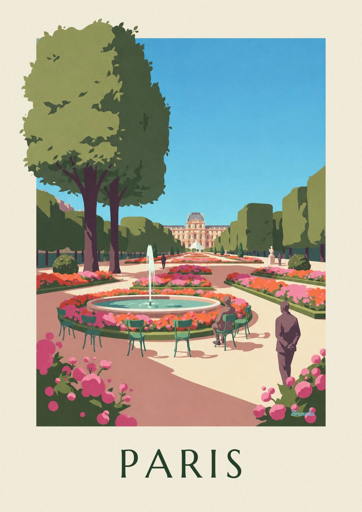 Tuileries Garden in bloom and the Louvre poster